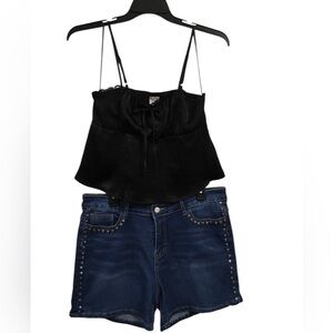 Black Satin Cami Top with Studded Jean Shorts